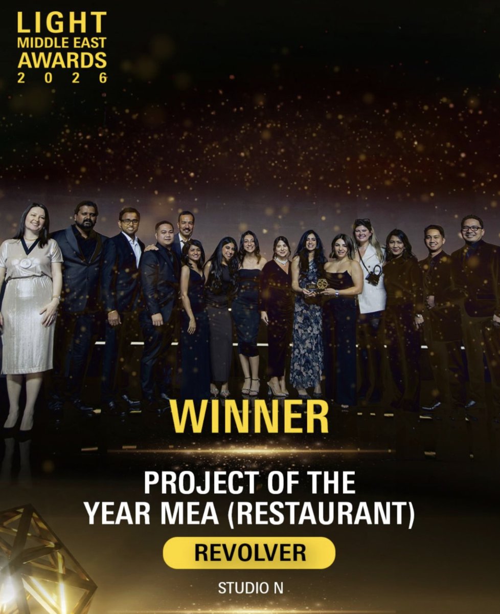 studionlighting's tweet photo. We’re thrilled to share that Revolver has won Project of the Year – MEA (Restaurant) at the 2026 Light Middle East Awards 🏆

A bold, immersive project where light and dark elevate the dining experience. A proud moment for Studio N.

Huge thanks to everyone involved. ✨ https://t.co/j8b71gZUnX
