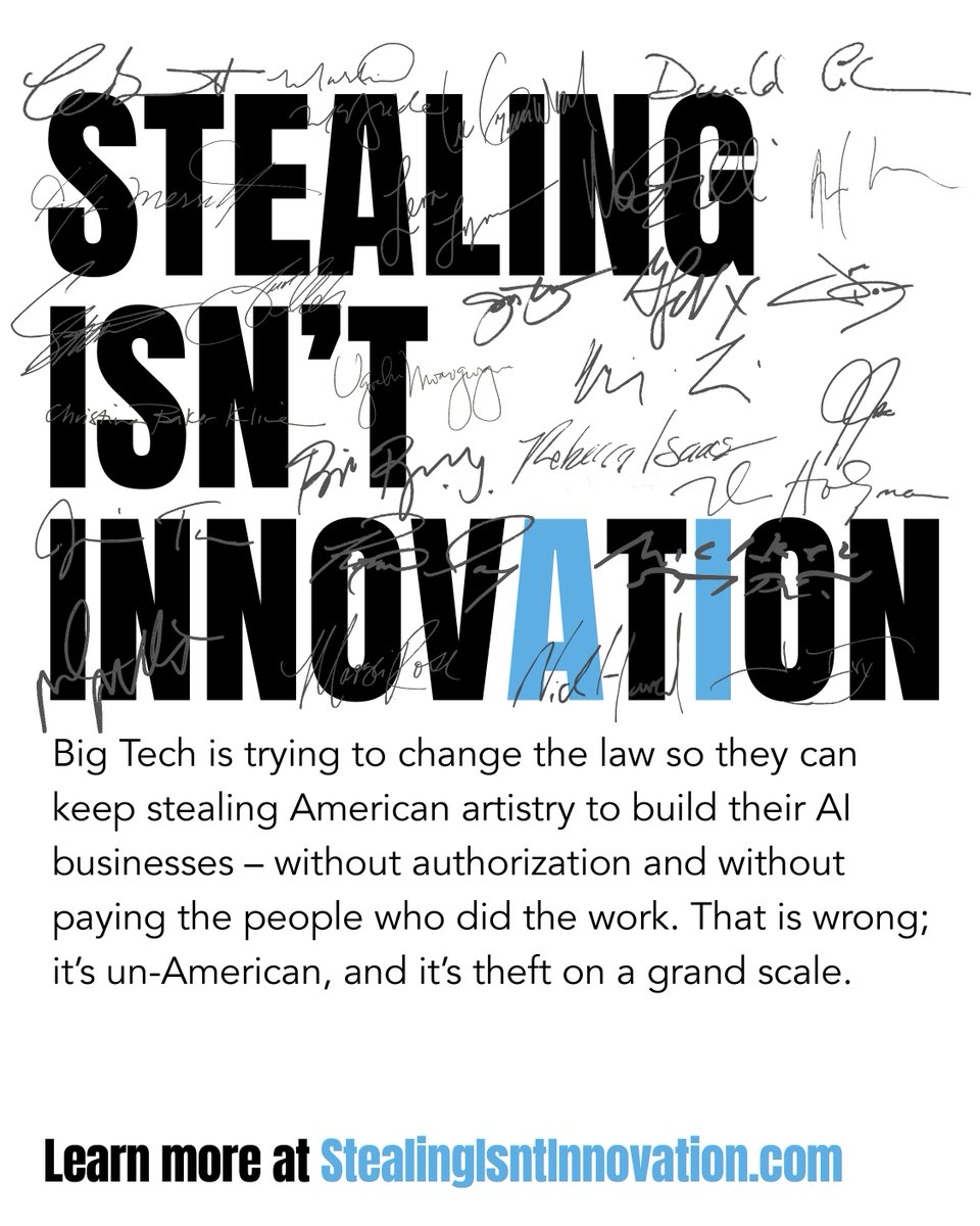 human_artistry's tweet image. We're not anti-tech, we're anti-theft. If the future of “innovation” depends on stealing creators’ work without asking or paying, that’s not progress - it's stealing, and we shouldn’t accept it. #StealingIsntInnovation