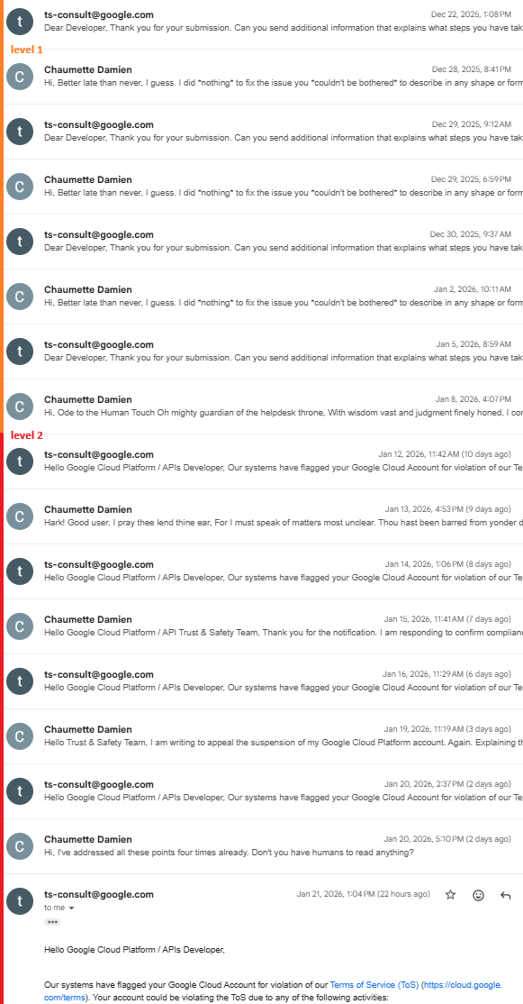 dami0u's tweet photo. @googlecloud it was fun while it lasted (since August) but I tap out appealing GCP suspension, I can't seem get to level 3 in this quest. Same process runs in prod with OpenAI and Anthropic, and I bet Gemini under a new google account wouldn't get banned. Nothing wrong with it. https://t.co/fUV1GtZW3J