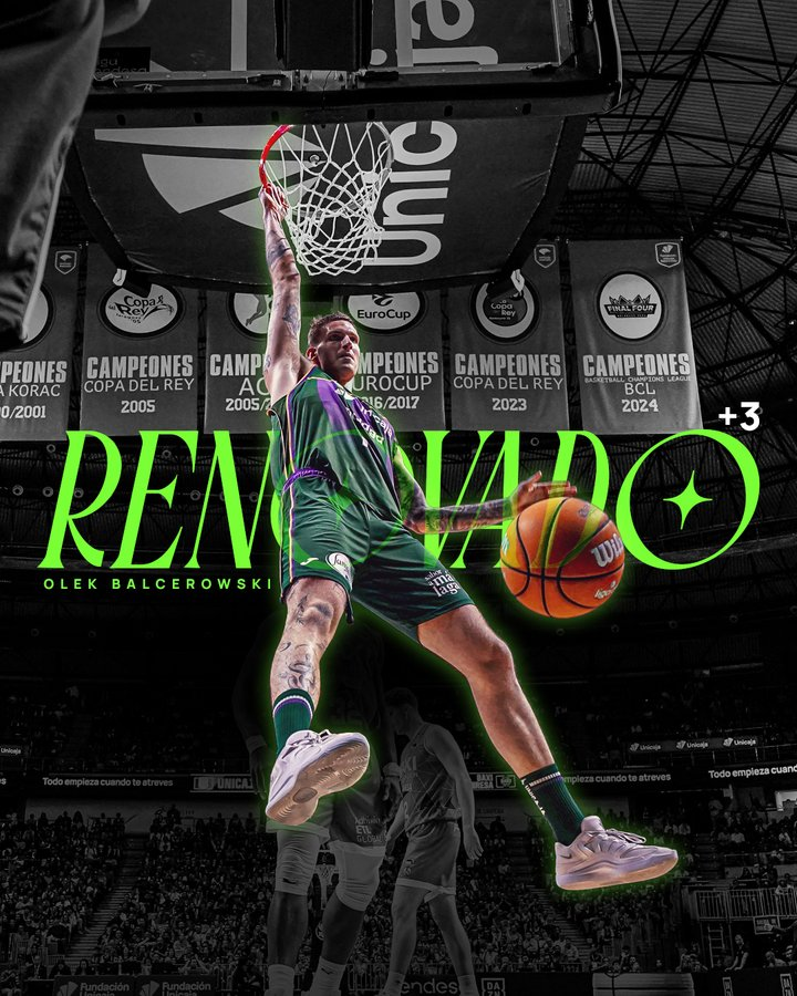 GIGANTESbasket's tweet photo. 🚨 ÚLTIMA HORA: @unicajaCB anuncia la renovación de Olek Balcerowski.

El pívot polaco permanecerá por dos temporadas más en Málaga, con una tercera opcional. https://t.co/AE7cCynwKE