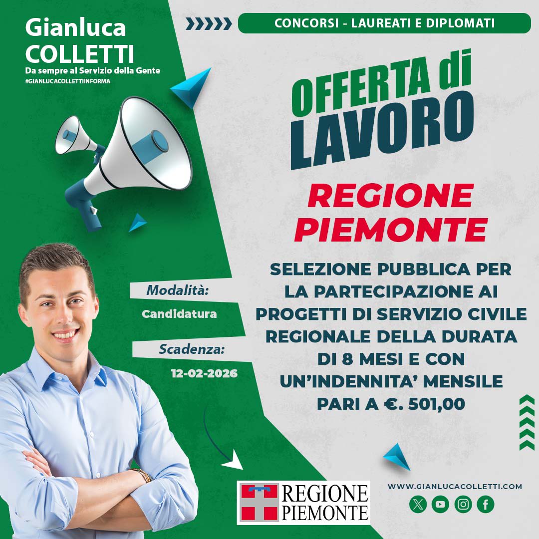 #REGIONE #PIEMONTE - #Selezione per la partecipazione ai progetti di #serviziocivile. Scadenza: 12.02.26 #gianlucacollettiinforma
👉🏻 gianlucacolletti.com/galleriagianlu…