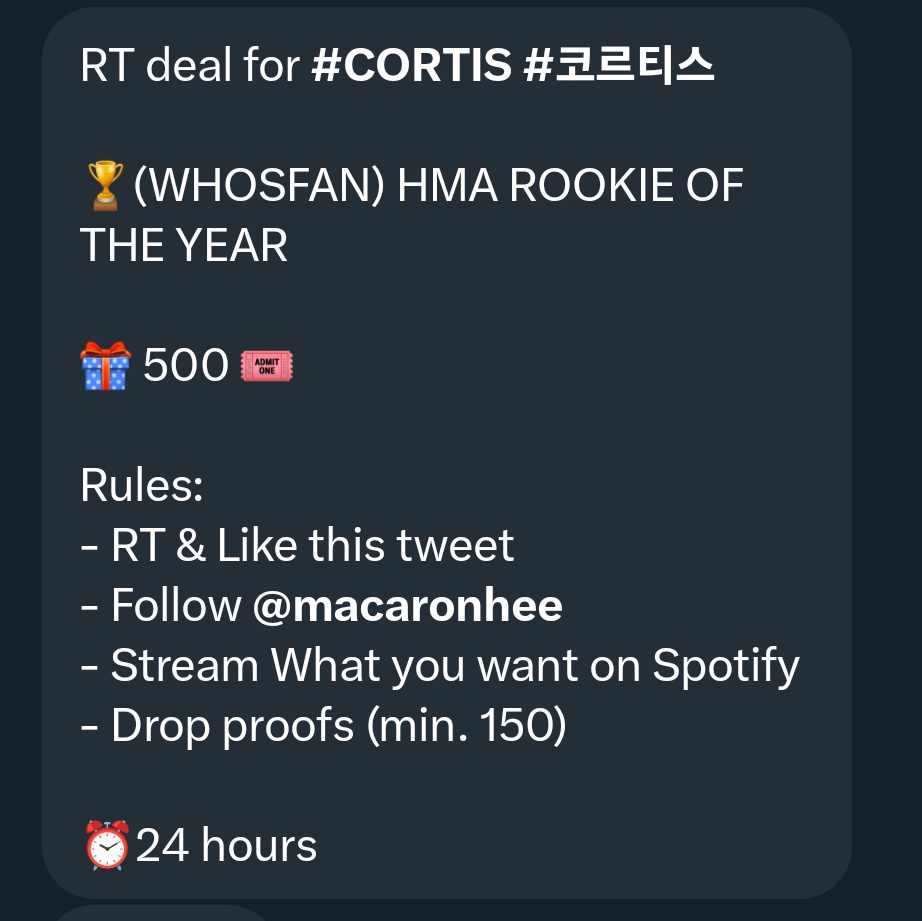 cortispolls's tweet image. RT deal for #CORTIS #코르티스

🏆(WHOSFAN) HMA ROOKIE OF THE YEAR 

🎁 500 🎟️

Rules:
- RT &amp;amp; Like this tweet
- Follow @macaronhee 
- Stream What you want on Spotify 
open.spotify.com/track/3rAcN3CL…
- Drop proofs (min. 150)

⏰️24 hours
#crtsdeals 
LEZZGAURRRRR 🔥🔥🔥