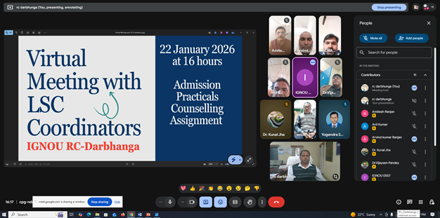 rc_ignou's tweet photo. Meeting with Coordinators of LSC under jurisdiction of RC Darbhanga, where a fruitful discussion on admission, transmission of assignment awards, convocation registration, practical and counselling been discussed on 22/01/26 https://t.co/z08xyyu448