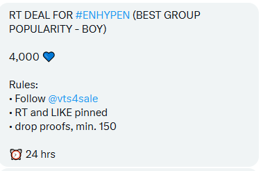 RT DEAL FOR #ENHYPEN (BEST GROUP POPULARITY - BOY) 

4,000 💙

Rules:
• Follow <a href="/vts4sale/">vts 4 sale</a>
• RT and LIKE pinned
• drop proofs, min. 150

⏰ 24 hrs