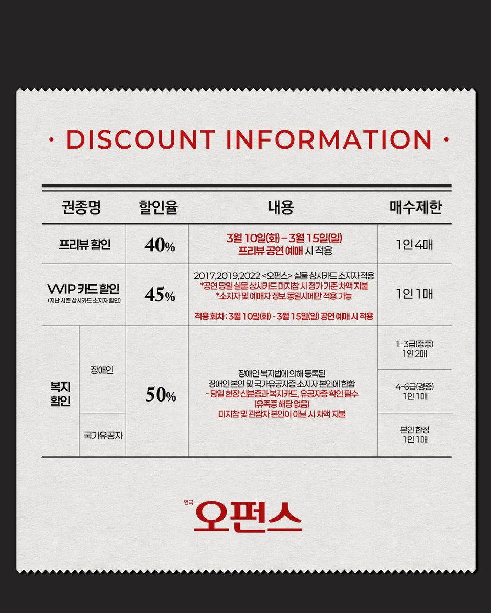 rnbtheatre_kr's tweet image. [#오펀스] ORPHANS 🏚️ 

프리뷰 티켓 오픈 안내

𝙿𝚁𝙴𝚅𝙸𝙴𝚆 𝚃𝙸𝙲𝙺𝙴𝚃 𝙾𝙿𝙴𝙽
3월 10일(화) - 3월 15일(일) 공연

💡NOL 티켓 &amp;amp; YES24 티켓
1월 30일(금) 오전 11시

💡프리뷰 전석 40%
💡VVIP 카드 소지자 할인 45%
(2017-2022 시즌 상시할인 카드 소지자 / 예매자 및 소지자 동일 시 적용)