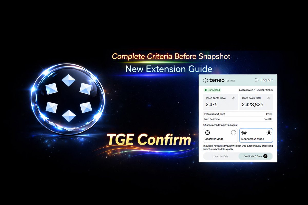 🚨 Teneo Protocol TGE Confirm -
Complete Criteria Before Snapshot 🔔

Many users still have the old Teneo extension, but to be eligible for TGE &amp; Airdrop distribution, you must set up the new extension properly. Here’s the complete guide 👇

🧭 TGE &amp; Airdrop Update
Teneo Protocol
