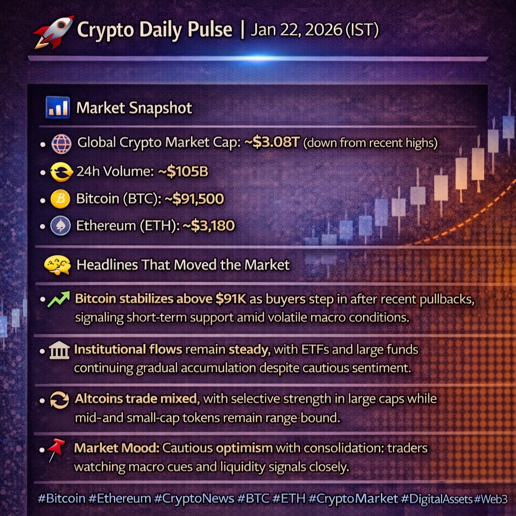 🚀 Crypto Daily Pulse | Jan 22, 2026 (IST) 📊 Market Snapshot 🌐 Global Crypto  Market Cap: ~$3.08T 💱 24h Volume: ~$105B ₿ Bitcoin (BTC): ~$91,500 ⚙️  Ethereum (ETH): ~$3,180 🗞 Headlines