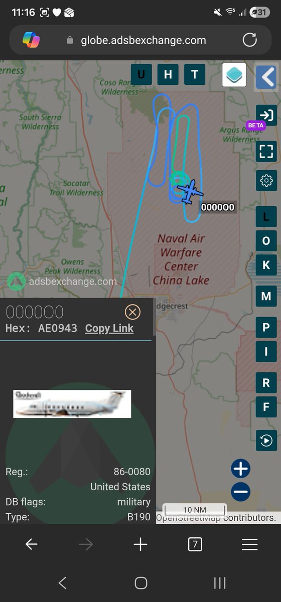 norb420's tweet photo. #AE0943 as #0000O0 Shaba up from Edwards AFB KEDW and again working over NAWC China Lake at varying altitude. https://t.co/Wa19zjZeCD