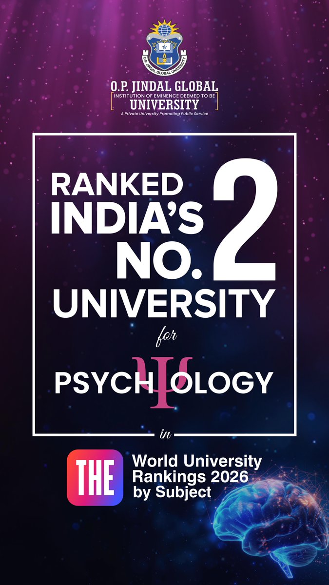 We are delighted to share that JGU has been ranked 2nd in India for Psychology, in the Times Higher Education (THE) World University Rankings by Subject 2026, placing it among the top global institutes —once again demonstrating excellence in teaching, research, and impact.#JGU