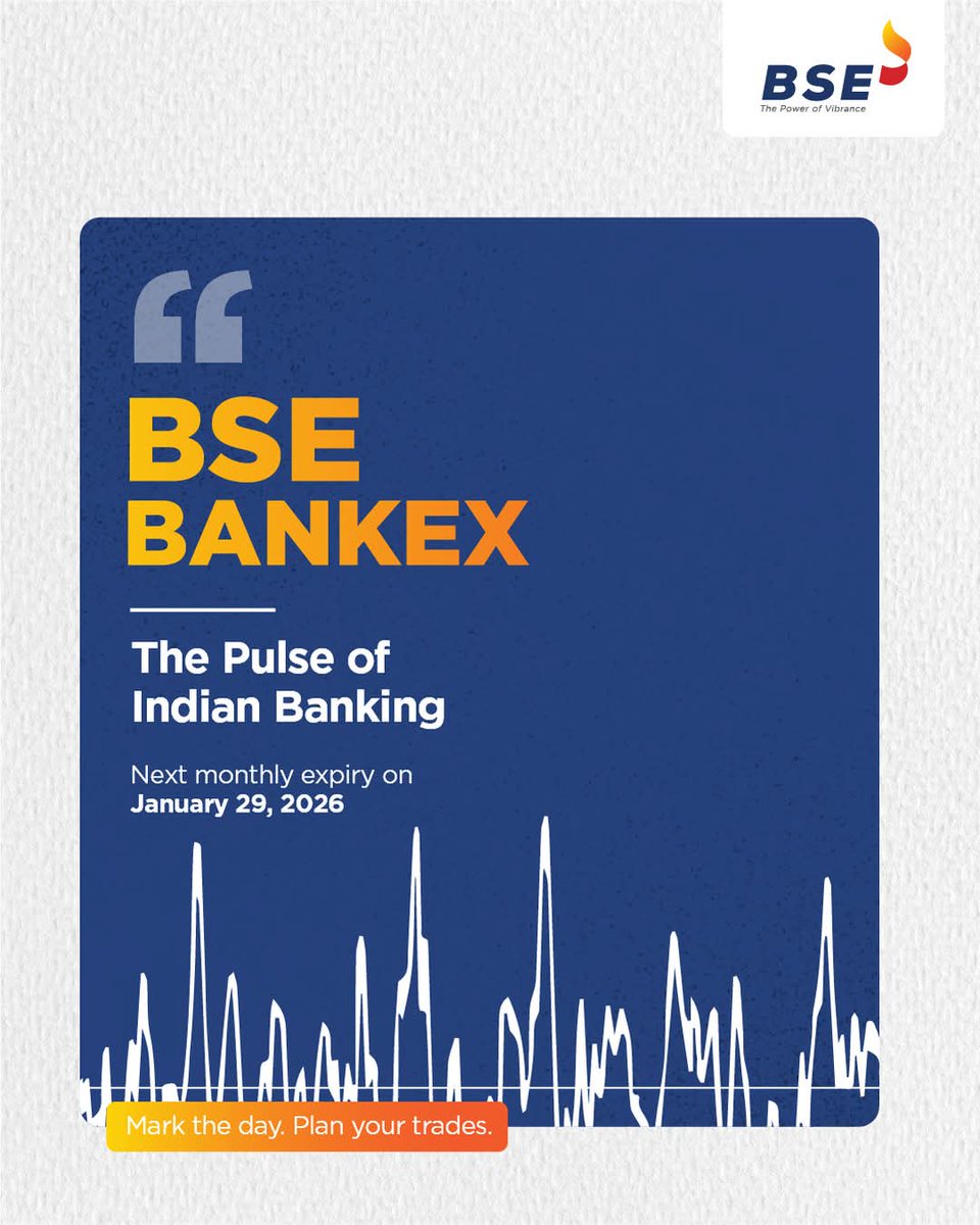ganatra_rajan's tweet photo. BSE BANKEX captures the pulse of Indian banking.
Next monthly expiry: January 29, 2026.
Sector strength, volatility, and positioning—visible in one index.

#BSE #BANKEX #IndianBanking #Derivatives #OptionsTrading #Markets #TradingIndia 
@BSEIndia @tradewithcirrus https://t.co/OPyuFsUWTt