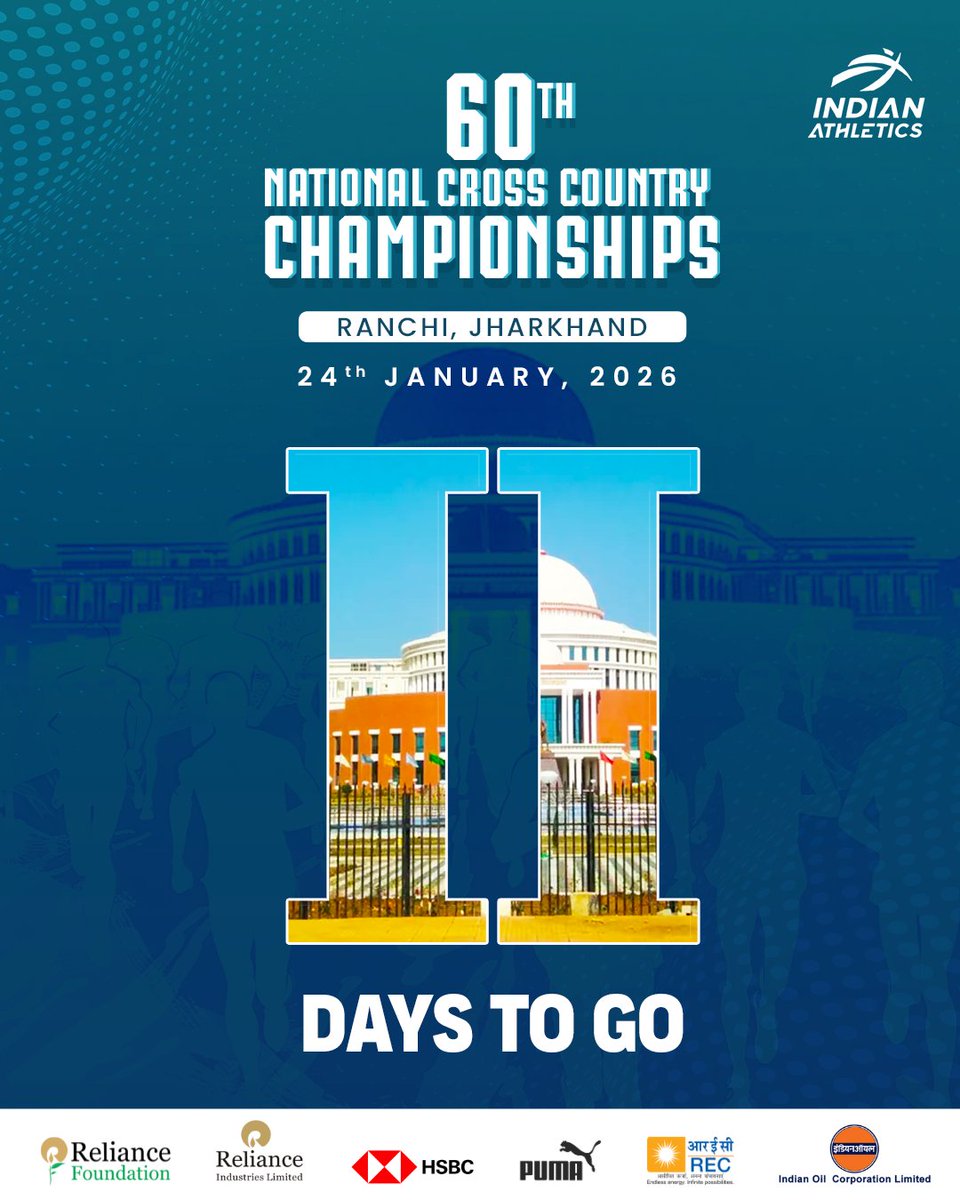 afiindia's tweet image. We are just 2 days away from the 60th National Cross Country Championships 2026! ✨

#NationalCrossCountry2026 #CrossCountry #AFI #IndianAthletics