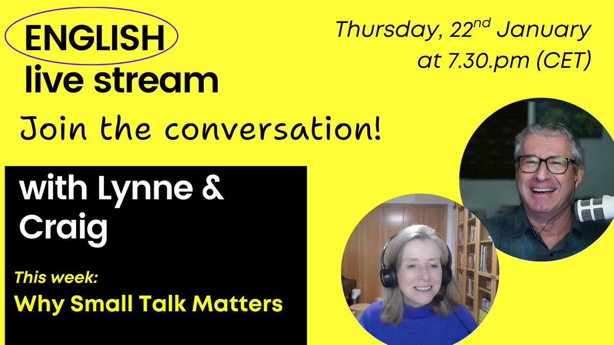 We're going live today at 7.30pm (CET) so that you can improve your English.

Lynne and Craig talk about why small talk matters and how to sound natural in English conversations

JOIN THE CONVERSATION!
facebook.com/mansioningles/ 
youtube.com/LaMansionDelIn…
linkedin.com/in/craig-weala…
