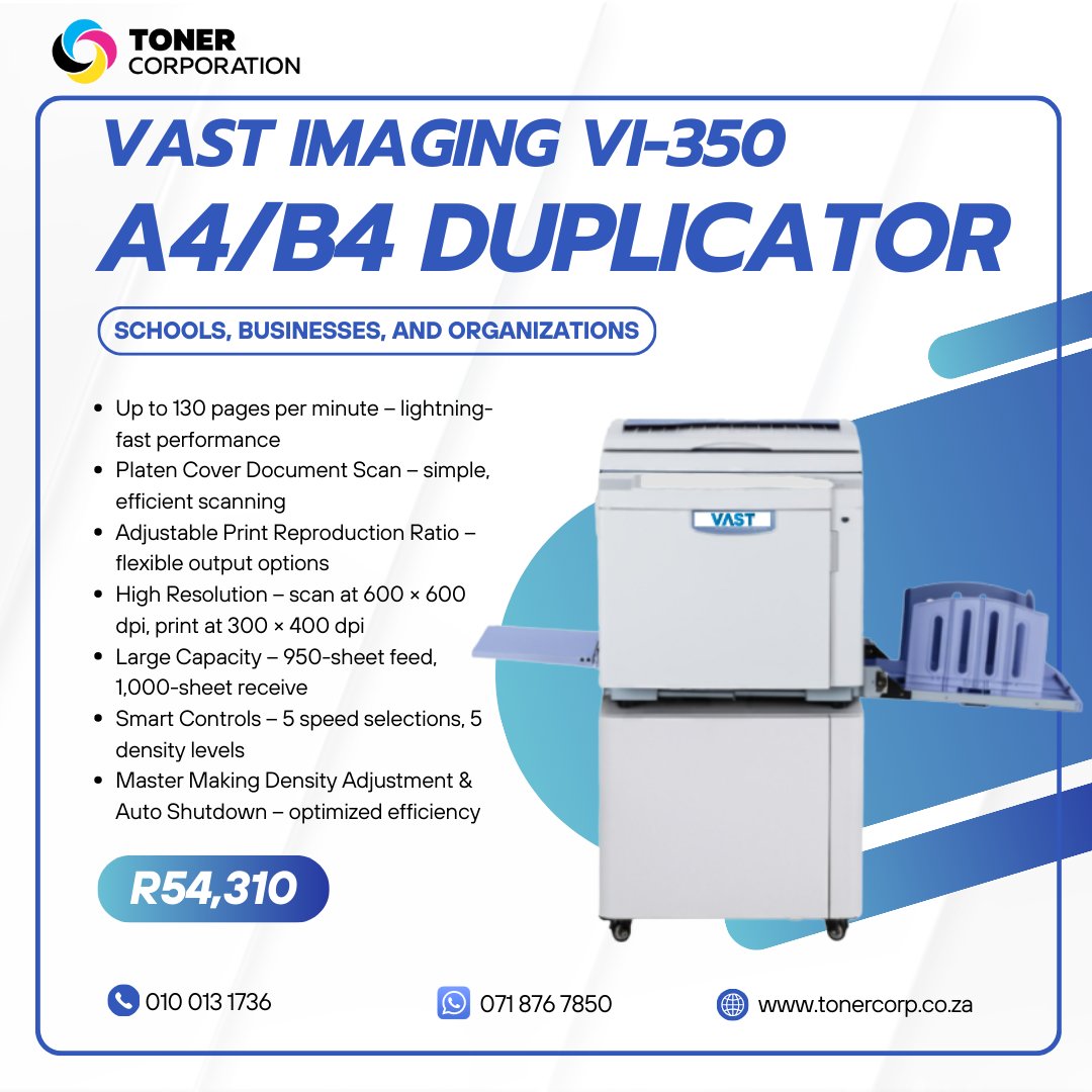 toner_corp's tweet photo. 🚀 The VI‑350 Duplicator: Speed Meets Precision.
130 pages per minute. High‑resolution output. Built for nonstop performance.
👉 Only R54,310 — elevate your printing power today!
#BudgetBozza  #RiseGrowGlow  #budgetsavvychoice https://t.co/zWZI5Vmavr