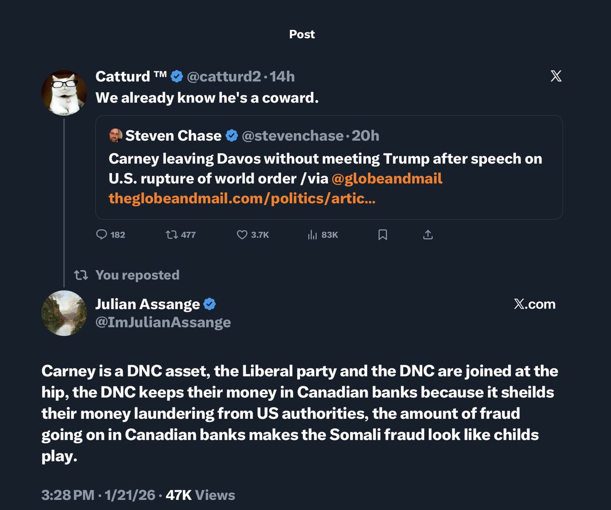 DameScorpio's tweet image. Mark Carney 🇨🇦 and his Liberal government will hammer home the last nail in Canada’s coffin. ⚰️ TWO things; I am not surprised Carney slithered off like the snake he is. AND Julian Assange’s reply to Catturd, I have seen this eluded to before but never said so concisely. And I…
