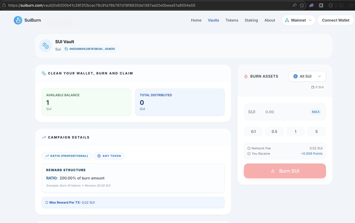 suiburn_com's tweet photo. First vault created!:

https://t.co/eDXSo5kyHM

This vault have 1 SUI and max rewards 0.02 SUI to bring the protocol fee back to users burn on this specific vault to the first 50 transactions.

@SuiNetwork @SuiFamOfficial #sui #mainnet https://t.co/aXW0YV9MWq