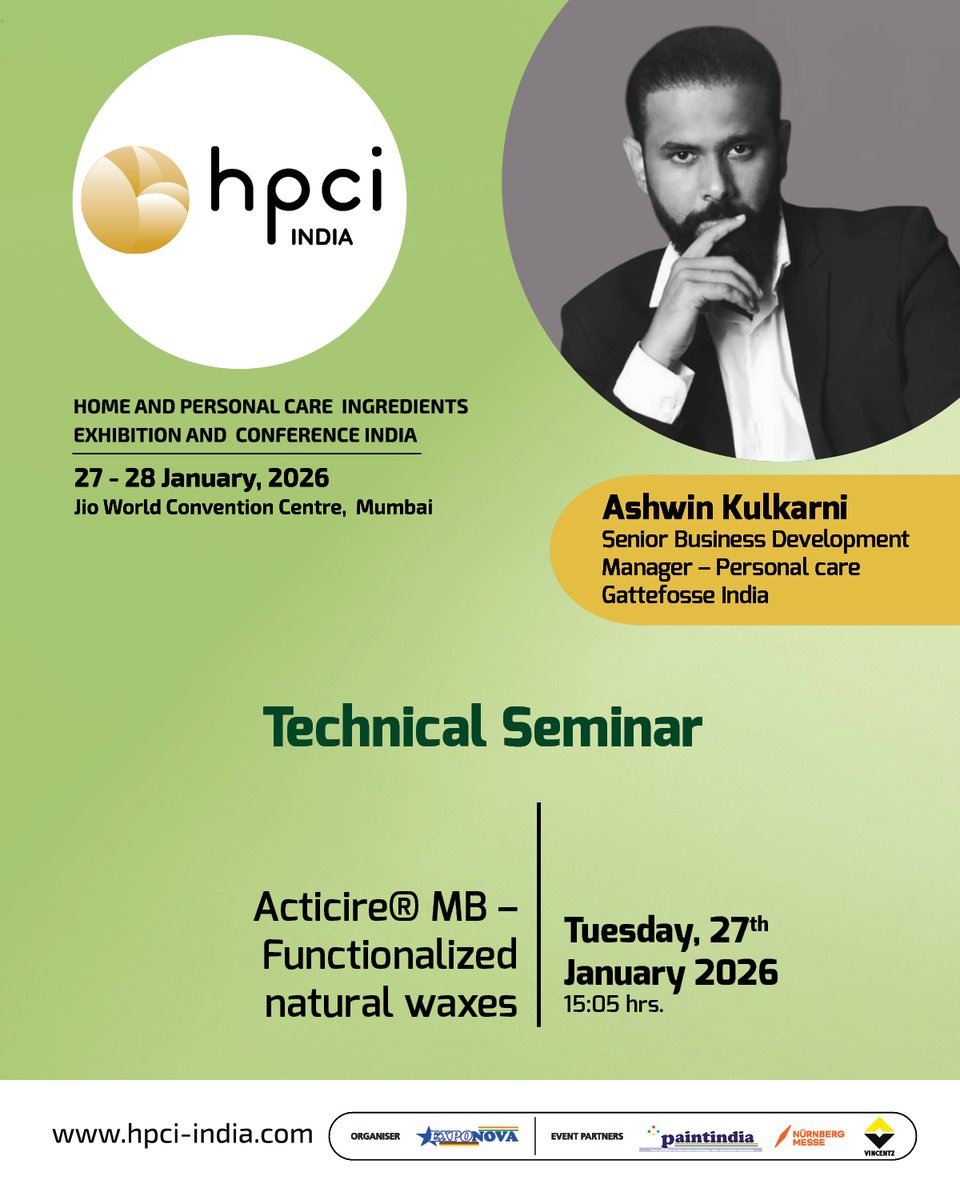 From silicones, surfactants and rheology modifiers to biotech actives and multifunctional ingredients, HPCI India’s Technical Seminars see global companies present real formulation science for home and personal care.    Register now: n-gage.live/HP26V/visitor/… #HPCIIndia2026