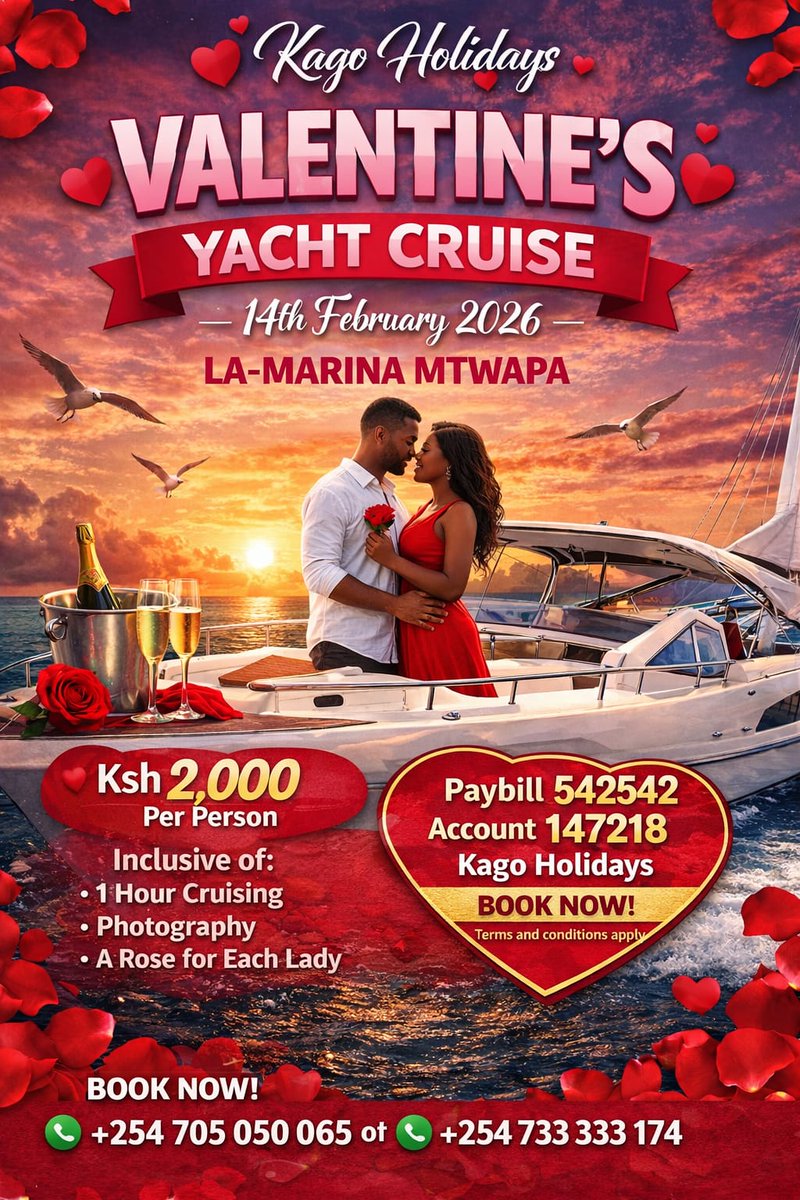 Still thinking of Valentine's plan?
We've got you covered!

Join our Valentine Yacht cruise at La Marina Mtwapa at only Ksh 2,000 per person.
Call or Whatsapp 0733-333-174 or 0705-050-065
#valentinesday
#valentines2026 
#loveintheair 
#Couplesgoal
#romanticgetaway