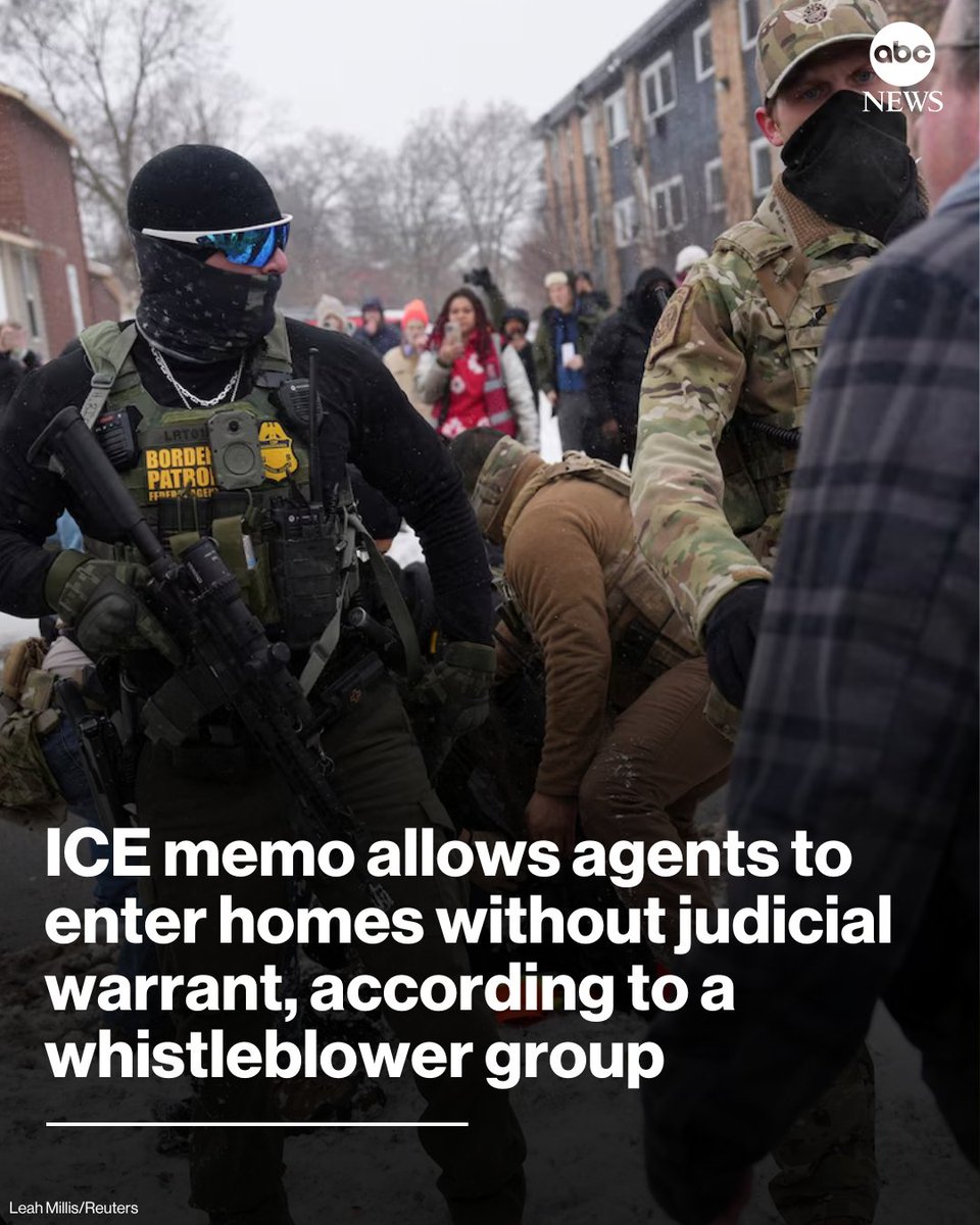 ABC's tweet photo. An ICE memo issued in May authorizes agents to enter the homes of those suspected of being in the U.S. illegally with an administrative warrant — not a warrant signed by a judge — in order to make immigration arrests, according to a whistleblower group. https://t.co/ZOuJWMOU6P https://t.co/L3wCxC9SAm