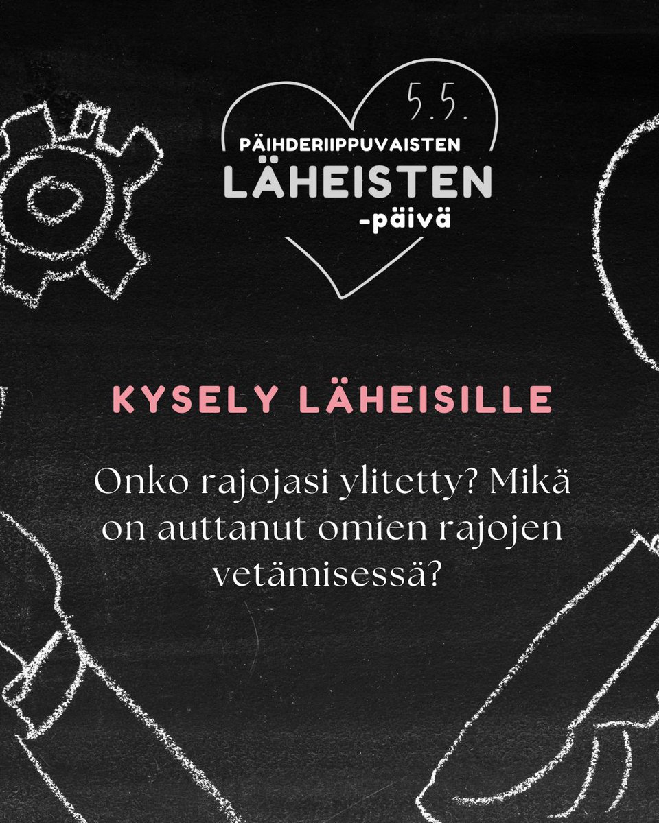 MIPAverkosto's tweet photo. Päihderiippuvaisen läheinen, vastaa omiin rajoihisi liittyvään kyselyyn! Kyselyyn vastataan nimettömästi. 

Kerättyjä kokemuksia hyödynnetään Läheistenpäivän viestintäkampanjassa. 
Vastaa viim. 5.2.: https://t.co/WnsaTewOfc

#omatrajat #myösläheiset #läheistenpäivä https://t.co/qzTJp8kKWX