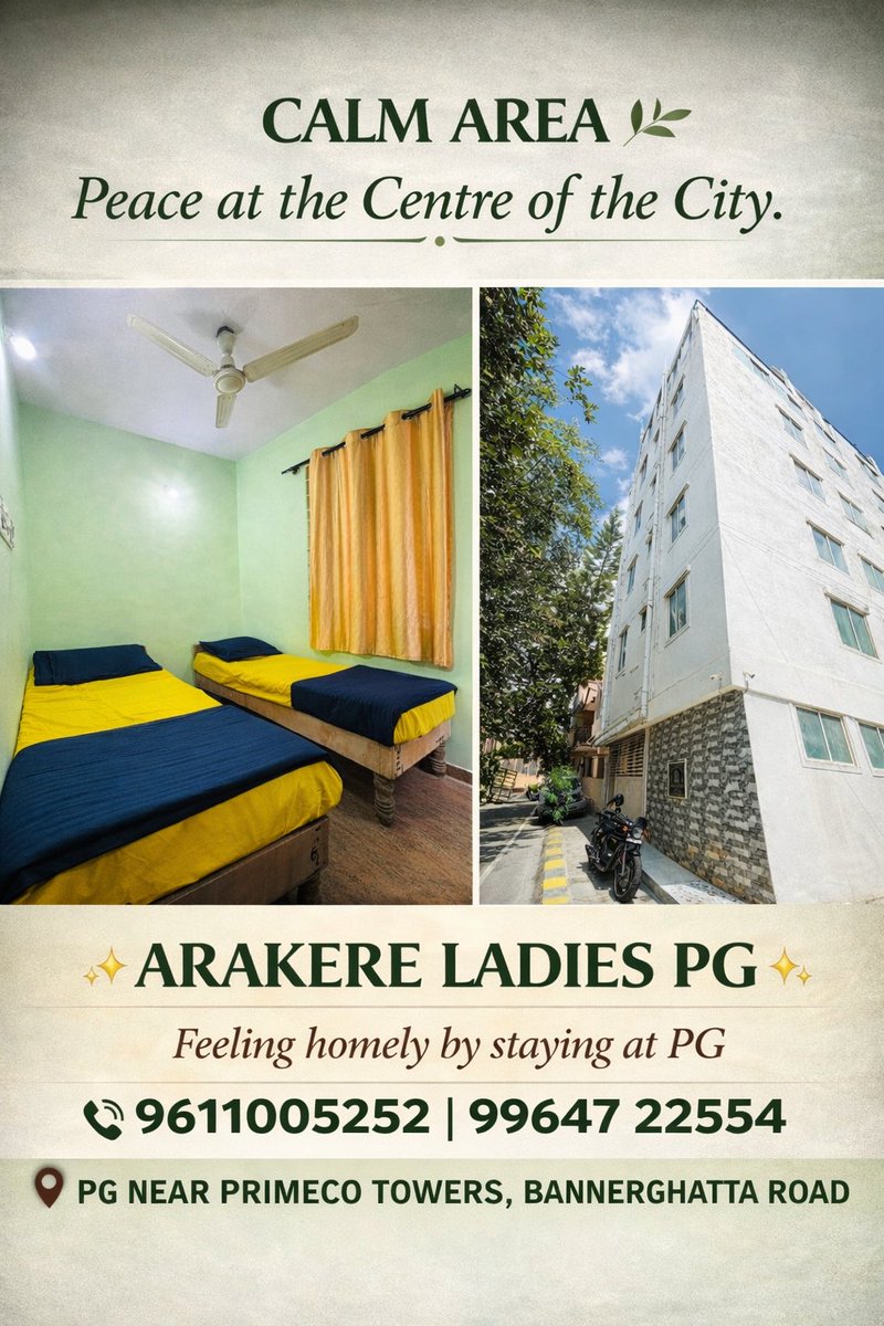 arakereladiespg's tweet photo. Calm surroundings. Central location.
Arakere Ladies PG offers a peaceful and secure stay for working women and students near Bannerghatta Road. Clean rooms, homely comfort, and excellent connectivity make everyday living easy.
📍 Near Primeco Towers
📞 9611005252 | 99647 22554 https://t.co/GftCQCzMrs