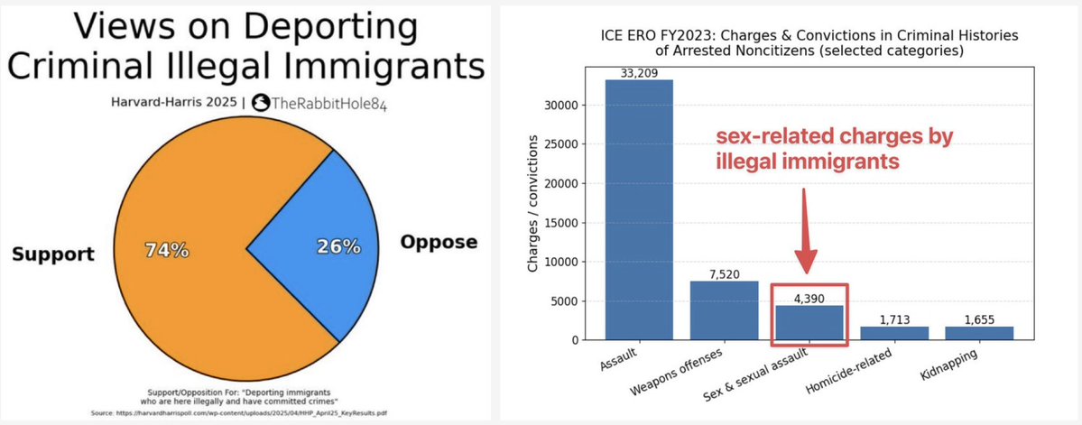 ArthurMacwaters's tweet image. This is legitimately shocking

1. vast majority of Americans (74%) support deporting illegal immigrants who commit additional crimes

2. in 2023 alone, 73k of those ICE arrested had prior convictions, including 4k sexual crimes, 1k homicides, 33k assaults

3. yet, people are…