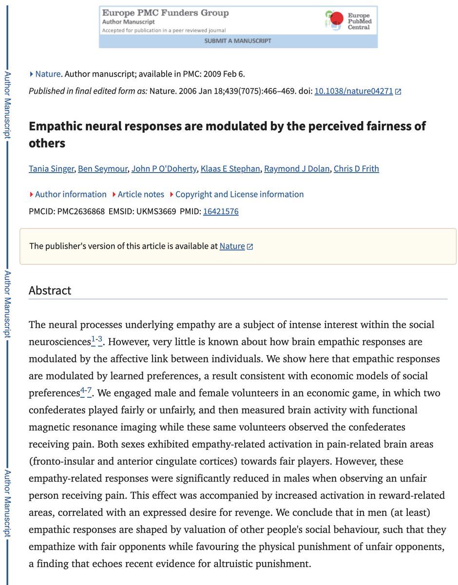 JoakimMarias's tweet image. We can also narrow this down by looking at the neurological research from Tania Singer showing that empathy is the "Emperor's New Cloths" meaning empathy undresses the subconscious neurological and truthful reactions in men and women. 

Women are shown to have empathy for thieves…