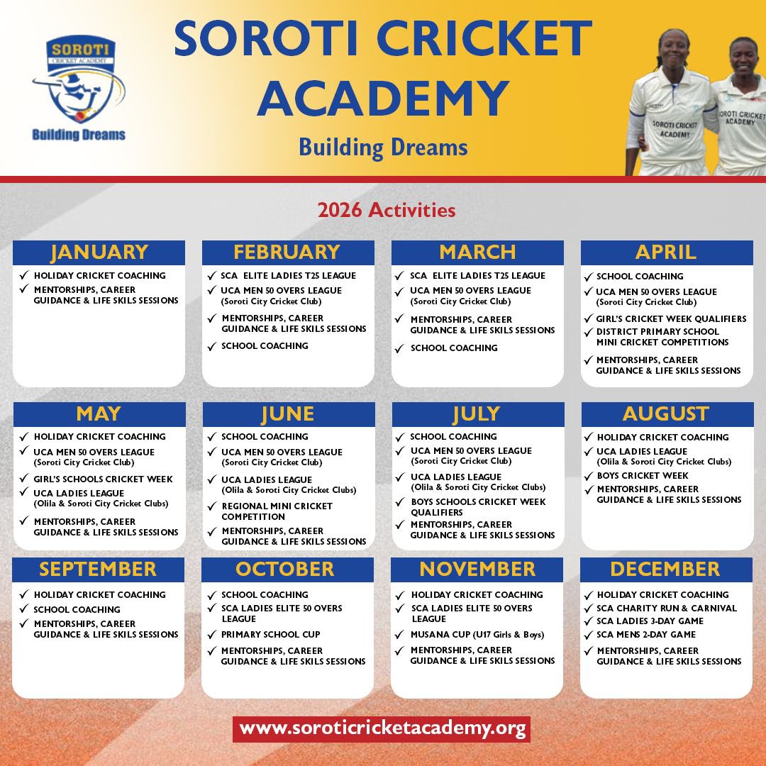 SorotiAcademy's tweet photo. Soroti Cricket Academy
 Full Year Activity Calendar for 2026

Discover our year long programs and activities for this year which are already underway
 You can visit our website for more details: https://t.co/qhcvGlqYtb

Another year of #BuildingDreams https://t.co/VKjb14MoUO
