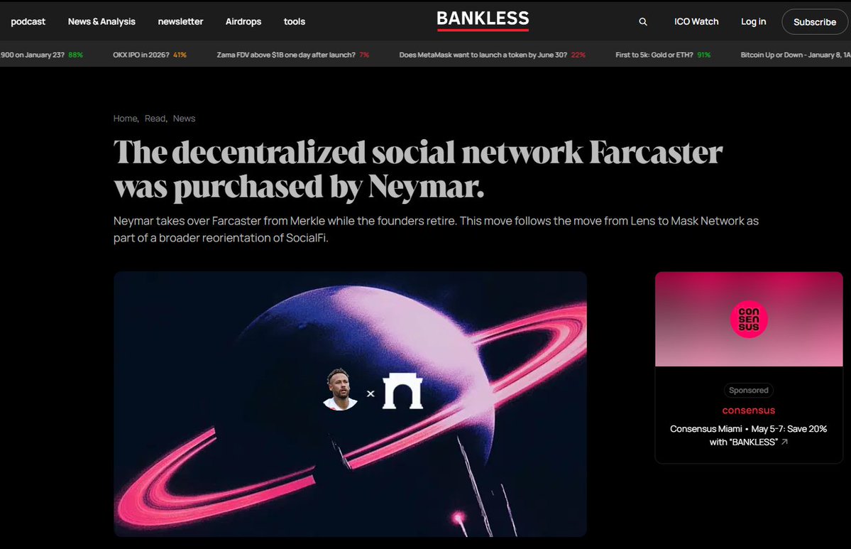 satyaXBT's tweet image. Confirmed, Neymar just acquired Farcaster

DWR and the co founder is stepping down from operation