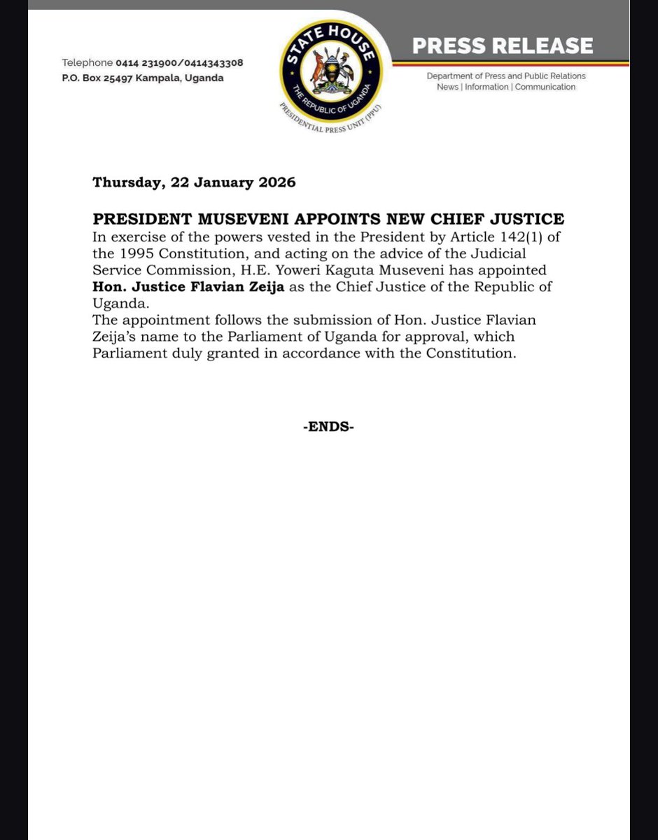 President <a href="/KagutaMuseveni/">Yoweri K Museveni</a> has appointed Hon Justice Flavian Zeija as the Chief Justice of the Republic of Uganda.