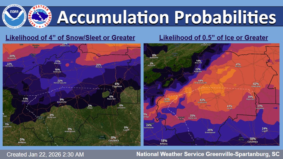 NWSGSP's tweet photo. Light rain today mainly west of I-26 ahead of the weekend winter storm. For Saturday and Sunday, a Winter Storm Watch is in effect. The snow chances have moved north of I-40 and more ice/sleet is expected. Continue to monitor the forecast as this evolves.
@scwx #ncwx #gawx https://t.co/w3KmgeudTl