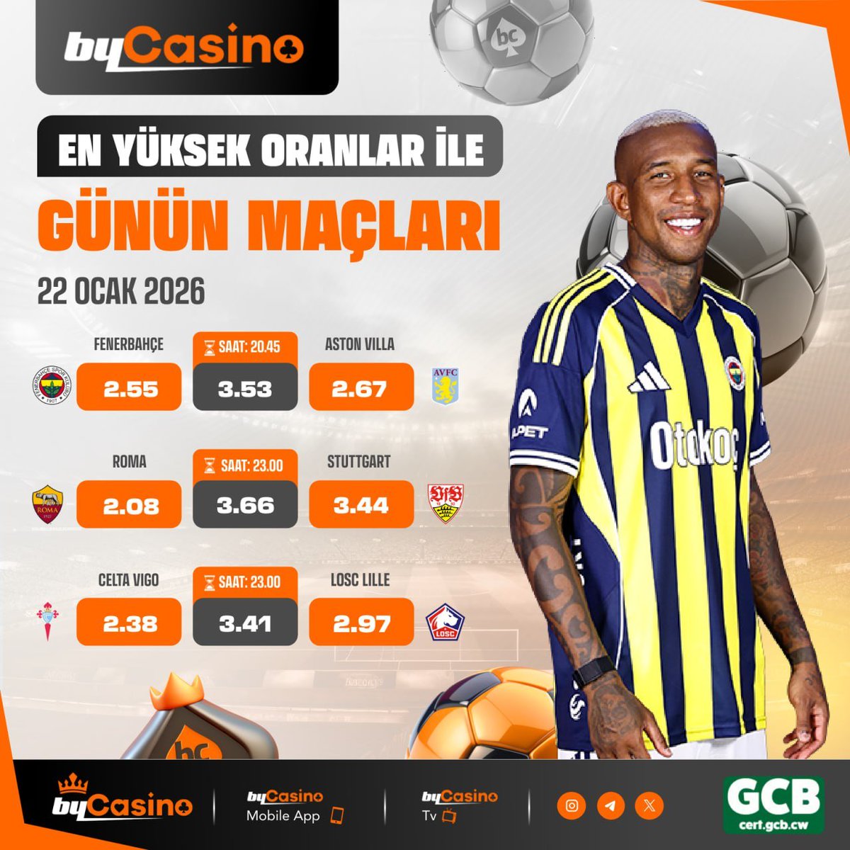 ⚽️⚾️🥎🏀 GÜNÜN MAÇLARI ⚽️

💪 Spor Bahislerinde 💯 Ekstra Oran!

💯 %100 Spor Hoşgeldin Bonusu !

📱 Bahis Düzenleme Seçeneği İle Bahislerin Senin Elinde !

📺 Bycasinotv İle Kesintisiz HD Maç Yayını!

📣 Bycasino’da Kazanç Keyfini Doruklara Çıkar! 
cutt.ly/bycasino2026