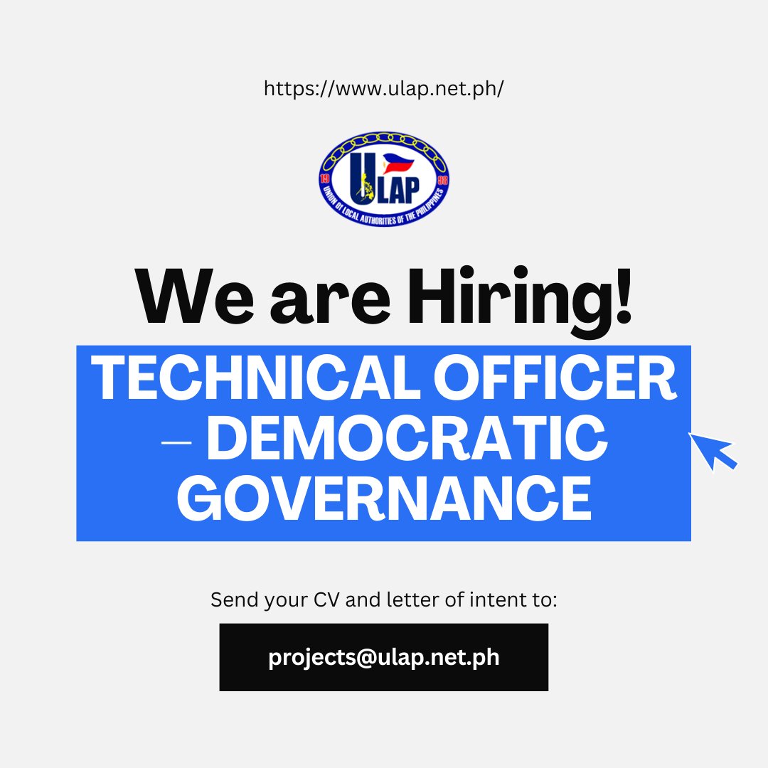 ulapnatsec's tweet photo. The Union of Local Authorities of the Philippines (ULAP) is 𝗵𝗶𝗿𝗶𝗻𝗴 𝗳𝗼𝗿 𝘁𝗵𝗲 𝗣𝗵𝗶𝗹𝗶𝗽𝗽𝗶𝗻𝗲 𝗟𝗼𝗰𝗮𝗹 𝗗𝗲𝗺𝗼𝗰𝗿𝗮𝘁𝗶𝗰 𝗥𝗲𝘀𝗶𝗹𝗶𝗲𝗻𝗰𝗲 𝗜𝗻𝗶𝘁𝗶𝗮𝘁𝗶𝘃𝗲 (𝗣𝗟𝗗𝗥𝗜).

See more info 👉 https://t.co/NmeZoophVv https://t.co/TEtXZK0Wx0