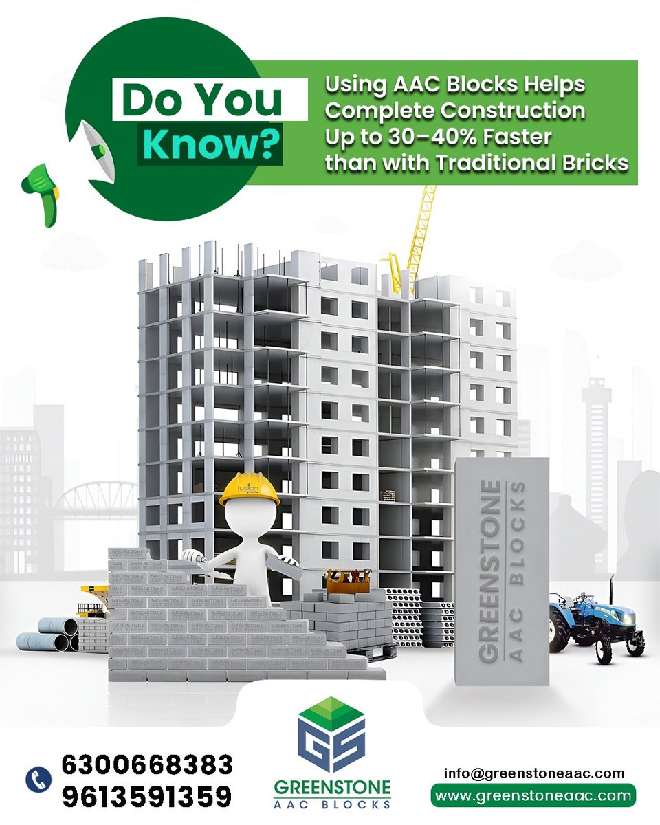 GreenstoneAac's tweet image. Speed up your construction by 30–40%! 
Greenstone AAC Blocks make building faster, smarter, and more efficient than traditional bricks.

🌐 greenstoneaac.com
📞

#Greenstone #AACBlocks #FastConstruction #SmartConstruction #BuildEfficient #SustainableBuild