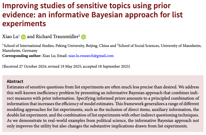 PSRMJournal's tweet image. 📋 How can we improve estimates from list experiments?

➡️X. Lu &amp;amp; R Traunmüller introduce a Bayesian approach that uses informative priors to increase efficiency and reshape substantive conclusions cambridge.org/core/journals/… #FirstView
