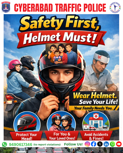 CYBTRAFFIC's tweet image. 🚨 SAFETY FIRST – HELMET MUST! 🪖

A helmet is not an option, it’s a lifesaver.
Wear a helmet every ride and protect what matters most.
WEAR HELMET. SAVE YOUR LIFE.
Because your family needs you ❤️

#HelmetAwareness #RoadSafety #WearHelmet #DriveSafe #CyberabadTrafficPolice