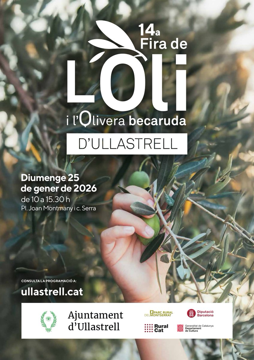 BcnAgraria's tweet photo. 🌿🫒Ullastrell celebra la Fira de l’Oli i l’Olivera amb productors locals, parades d’oli i derivats de l’oliva, oferta gastronòmica i activitats per gaudir d’una tradició agrícola molt arrelada al @ParcRuralM.

📅 25/01/2026

👉https://t.co/GLINn8ovOx

#ParcsAgraris https://t.co/YKrZgVv3Tc