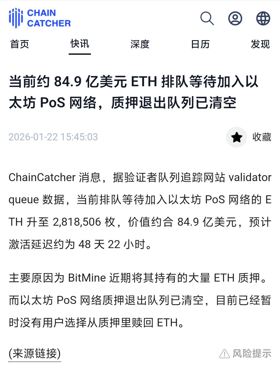 以太坊PoS 网络质押退出队列已清空，目前已经暂时没有用户选择从质押里赎回ETH。