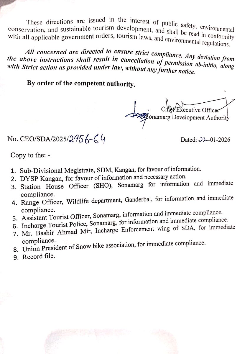 Tourismsonamarg's tweet photo. SDA enforces strict rules for snowmobile bike operations at Sonamarg.
Only designated routes.
Valid permission mandatory.
Adequate snow cover required.
Meadows restricted.
Maximum 20 bikes per area.
Violations invite heavy penalties and seizure.
Effective immediately. https://t.co/g6SQWhYgvC