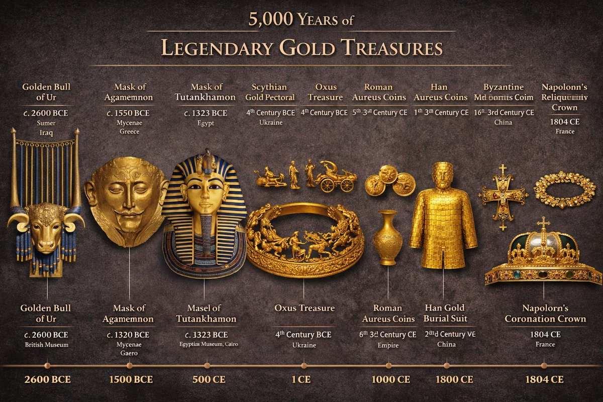 TheGoldDiaries's tweet image. From royal tombs to pirate hoards, here’s a journey through the world’s most legendary gold treasures! Each one carrying a secret, a story, and a little shimmer of the unknown.
1. Golden Bull of Ur 
2. Mask of Agamemnon 
3. Mask of Tutankhamon 
4. Scythian Gold Pectoral 
5. Oxus…