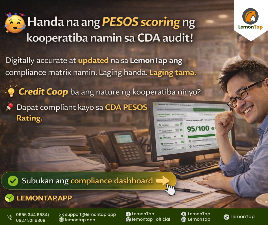 LemonTapApp's tweet photo. 😰 Handa na ba ang PESOS scoring ng kooperatiba ninyo sa CDA audit?  Ang manual na computation ay madalas nagdudulot ng pagkakamali — at posibleng penalties.  💡 Credit Coop ba ang nature ng kooperatiba ninyo? 📌 Dapat compliant kayo sa CDA PESOS Rating.  ✨ https://t.co/Qy1UP2ePuF