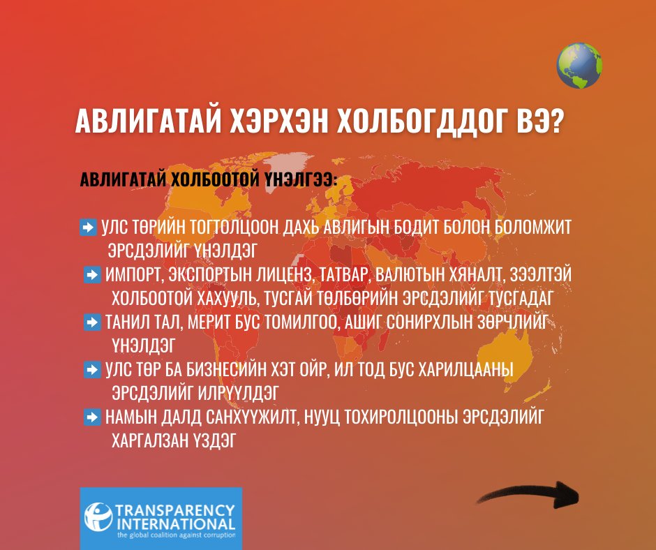 TransparencyMn's tweet photo. 📊 АВЛИГЫН ТӨСӨӨЛЛИЙН ИНДЕКС (АТИ) - ЭХ СУРВАЛЖ №6
📌 PRS Group | International Country Risk Guide (ICRG)

⚖️ ICRG:
→ улс төрийн тогтолцоон дахь авлигын бодит болон боломжит эрсдэлийг
→ татвар, лиценз, зээл, валютын хяналттай холбоотой авлигын эрсдэлийг үнэлдэг. https://t.co/1S45Q4ZLT8