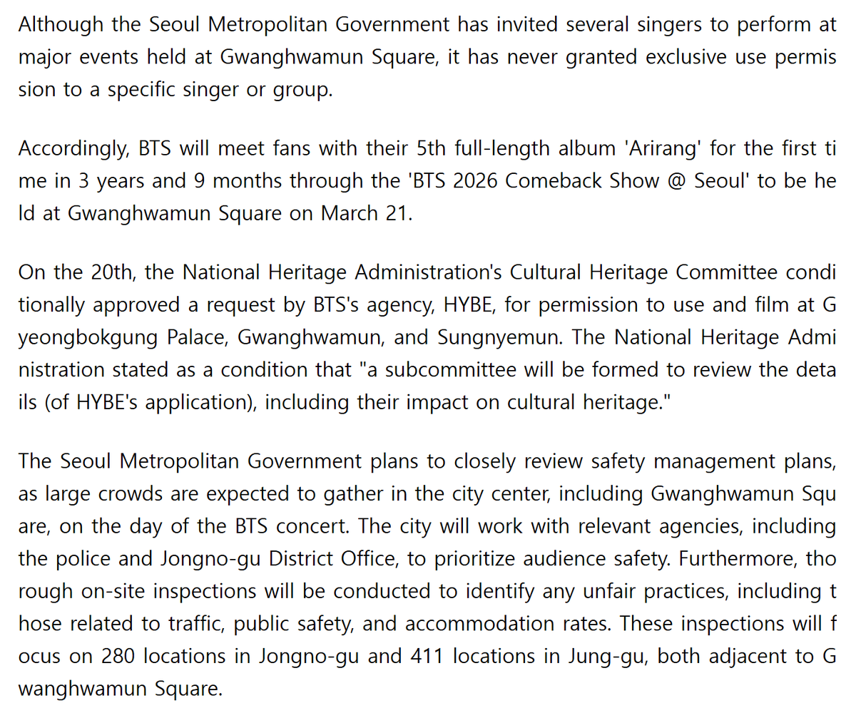"BTS จะพบปะกับแฟนๆ พร้อมอัลบั้มเต็มชุดที่ 5 ARIRANG เป็นครั้งแรกในรอบ 3 ปี 9 เดือน 
ผ่าน "BTS 2026 Comeback Show @ Seoul" 
จะจัดขึ้น ณ จัตุรัสกวางฮวามุน ในวันที่ 21 มีนาคม

แม้ว่าเทศบาลมหานครโซลจะได้เชิญนักร้องหลายราย
มาแสดงในงานสำคัญที่จัดขึ้น ณ จัตุรัสควังฮวามุน