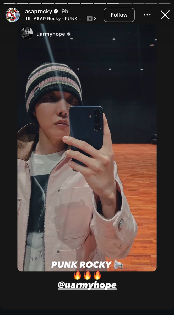 jhopewaist's tweet image. A$AP Rocky reposted j-hope’s instagram story