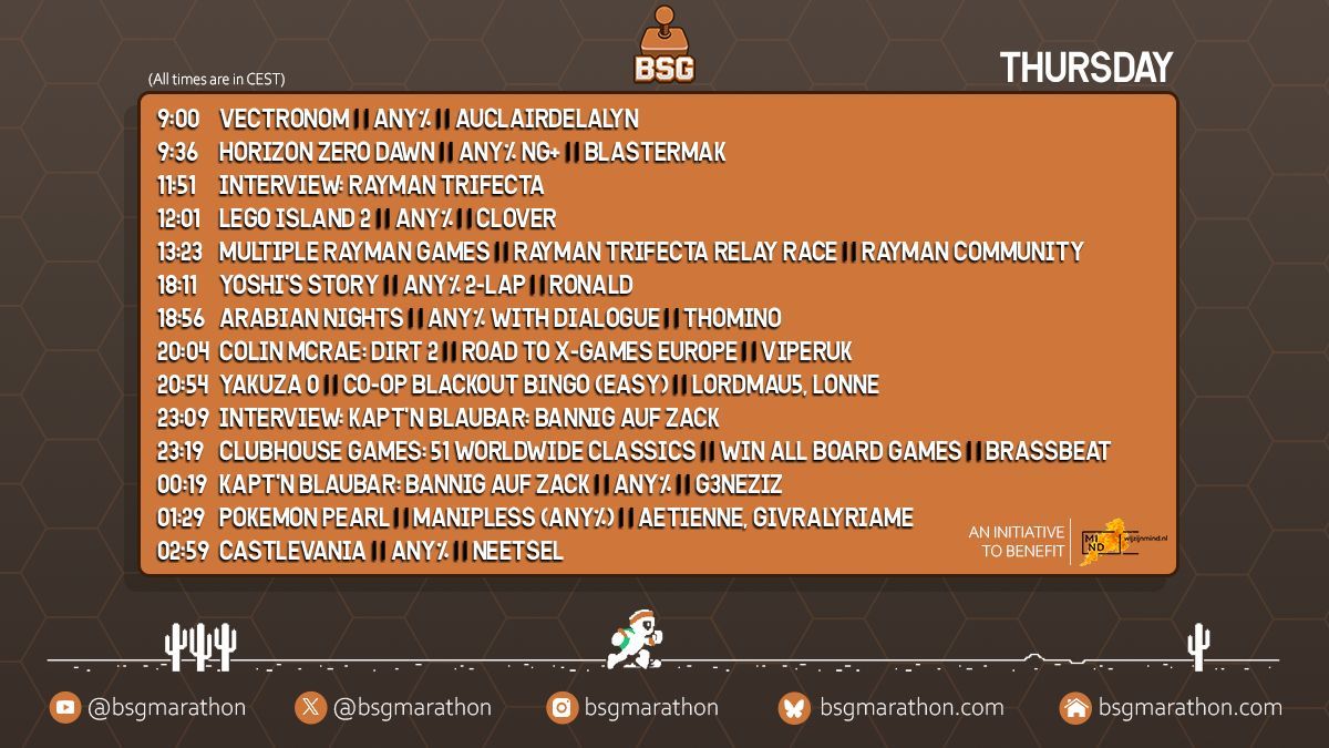 Day 5 of #BSGPlus2026 is upon us!

Try not to get Amnesia😵💫today, because we have a stellar relay race of the original 3 Rayman games! 

Dont forget to check out other classics like Yoshi🦖 and Yakuza! 

👉Stream &amp; Full Schedule👈
twitch.tv/BSGMarathon
bsgmarathon.com/schedule