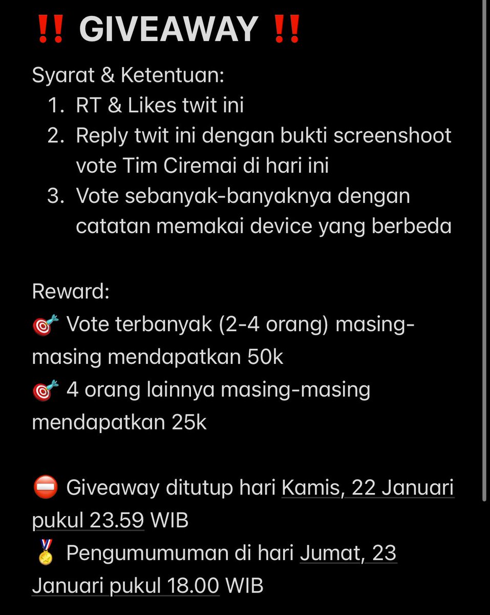 kaditbase's tweet image. ‼️Giveaway Alert‼️

Kamu pendukung tim Ciremai? Yuk vote tim Ciremai dengan vote mereka sebagai tim favorit di RoC. Syarat dan ketentuan tertera pada gambar di bawah🫶🏻

Link vote: s.id/voteroc

Good luck💜💜💜💜💜
#kaditygy #ciremai #giveaway