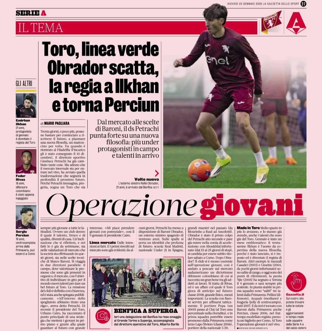 Operazione giovani.  Il Torino di Urbano Cairo (inchino) è una società che investe e valorizza i giovani, pur avendo la rosa un'età media di 54 anni.  Obrador scatta, Ilkhan alla regina, Perciun torna non si sa da dove.  La cantera granata è pronta a conquistare il mondo!