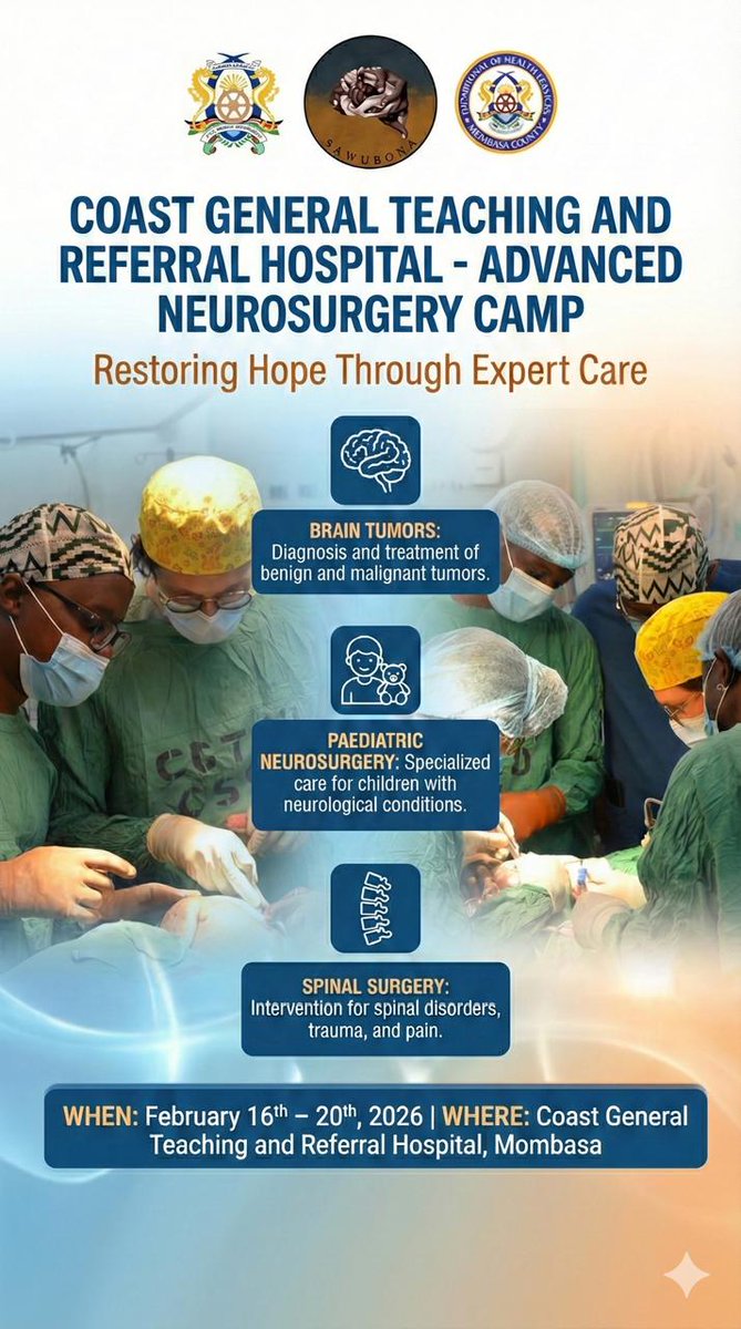 📣 Need More Information?
Get all the details about the Advanced Neurosurgery Camp by reaching out to our expert coordinators:

📞 Dr. Daniel Mwavita — +254 723 458545
📞 Dr. Mundhir Said — +254 704 751693

🧠 Restoring Hope Through Expert Neurosurgical Care

#NeurosurgeryCamp