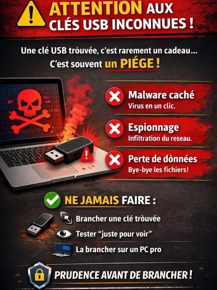micrographix_dk's tweet photo. 🔌 Une clé USB trouvée n’est jamais un cadeau.
🦠 Malware, 🎯 infiltration, 💥 un simple branchement suffit.
❌ Ne la branche jamais “pour voir”, surtout sur un PC pro.
✅ Utilise seulement des clés connues.
#Cybersécurité #CléUSB #Prévention #IT #Dunkerque #MaloLesBains https://t.co/oK2aKk09KZ