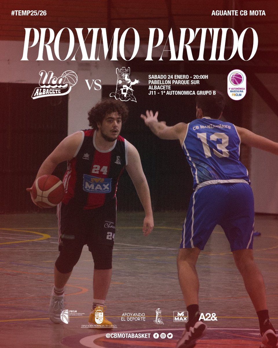 🏀🔥 JORNADA 11 🔥🏀

📅 Sábado 24 Enero
🕢 20:00
📍 Pabellón Parque Sur
🆚 <a href="/ucacb/">CB UCA</a> 

💥 ¡Ven a apoyar al equipo y vive el baloncesto en estado puro!
❤️🖤 #CBMota #Gameday #UnaMotaUnida #Temp25_26