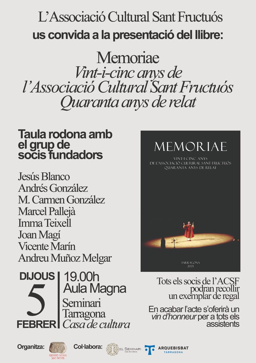 L'Associació Cultural Sant Fructuós compleix 2️⃣5️⃣ anys de vida amb la presentació del llibre "MEMORIAE". 
🗓 Serà dijous 5 de febrer a les 19 h al Seminari. Casa de Cultura #Tarragona <a href="/ctarraconense/">El Seminari. Casa de Cultura</a> Us esperem!!! #lapassiódeSantFructuós #ACSF